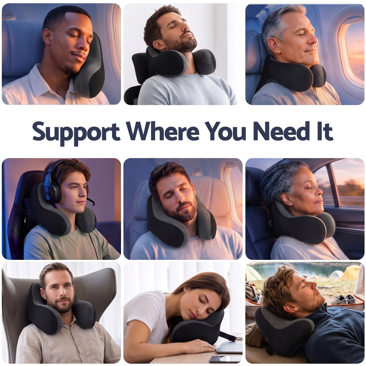 Wanderlite Travel Neck Pillow Portable for Airplane Memory Foam with Eyemask Earplugs Black