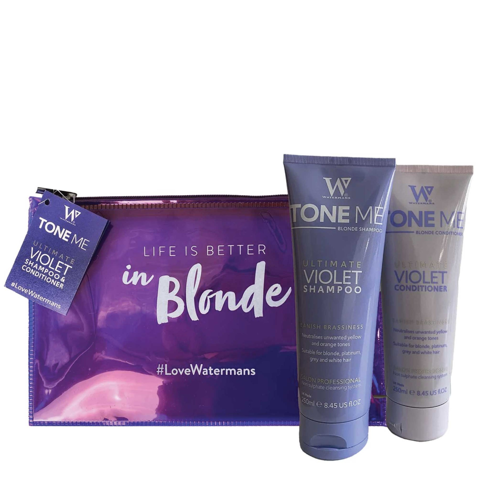 Watermans Tone Me Blonde Purple Shampoo and Conditioner 250ml Violet Set + Bag
