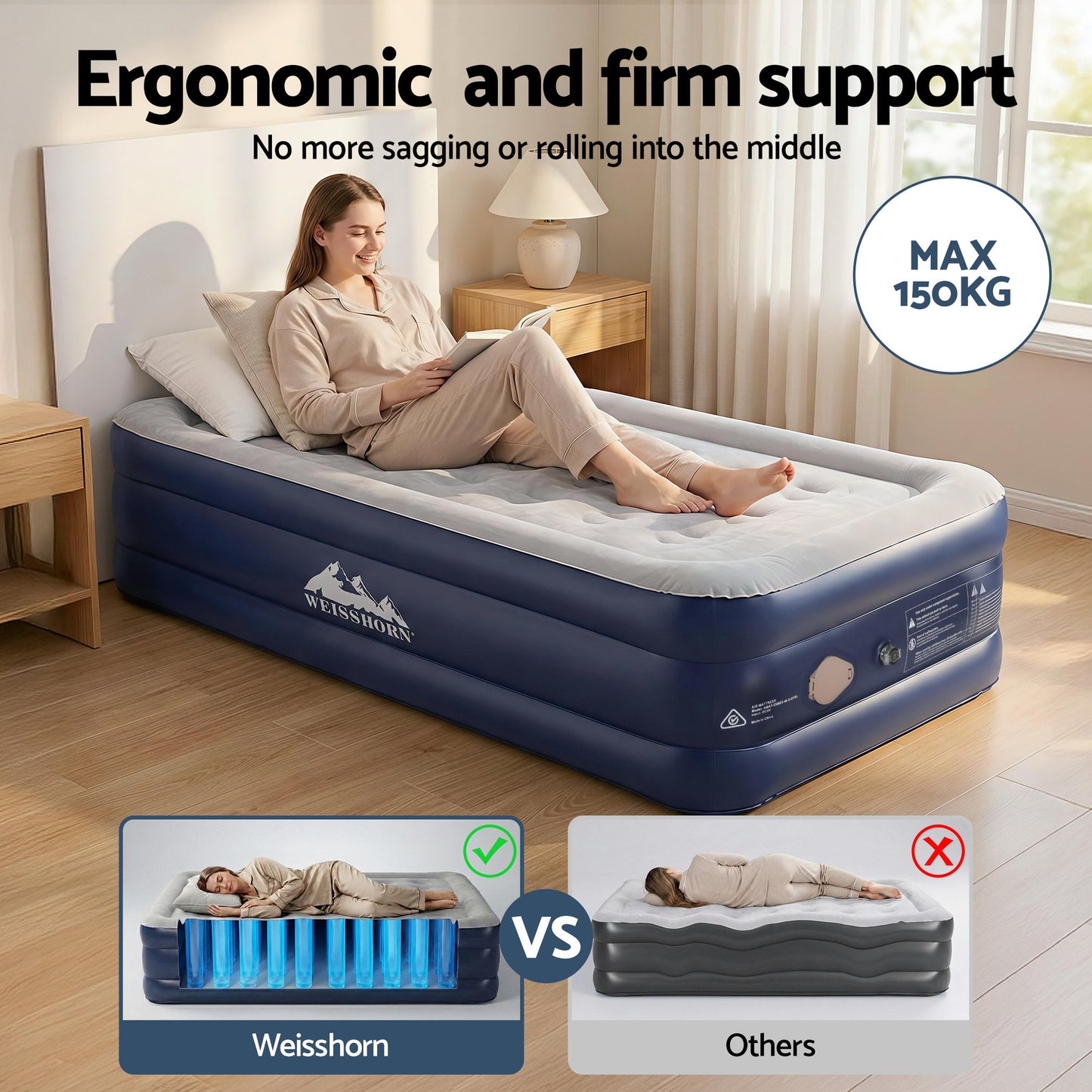 Weisshorn Single Air Mattress with Rechargeable Cordless Pump 46cm