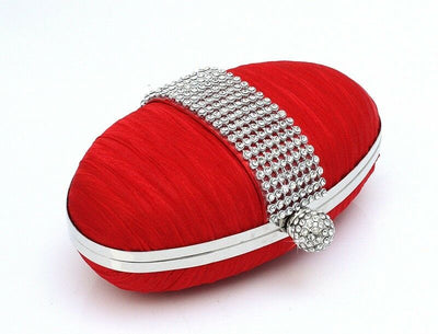 Womens Cute Oval Shape Satin Diamante Clutch Hand Bag Wedding Bridal Red