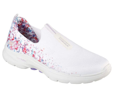 Womens Skechers Go Walk 6 - Floral Sunrise White/Multi Slip On Sneaker Shoes