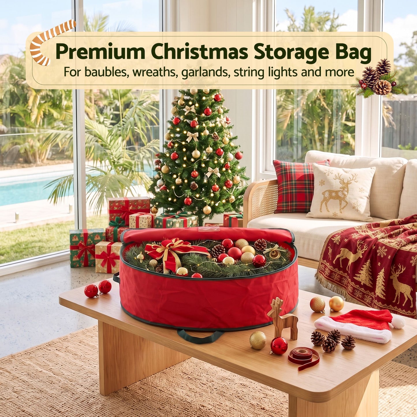 Jingle Jollys Christmas Garland Wreath Storage Bag Baubles Ornaments Container