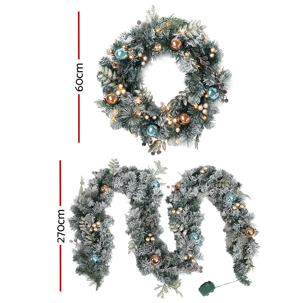 Jingle Jollys Christmas Garland with Wreath Set Snow Frosted Xmas Tree Decor