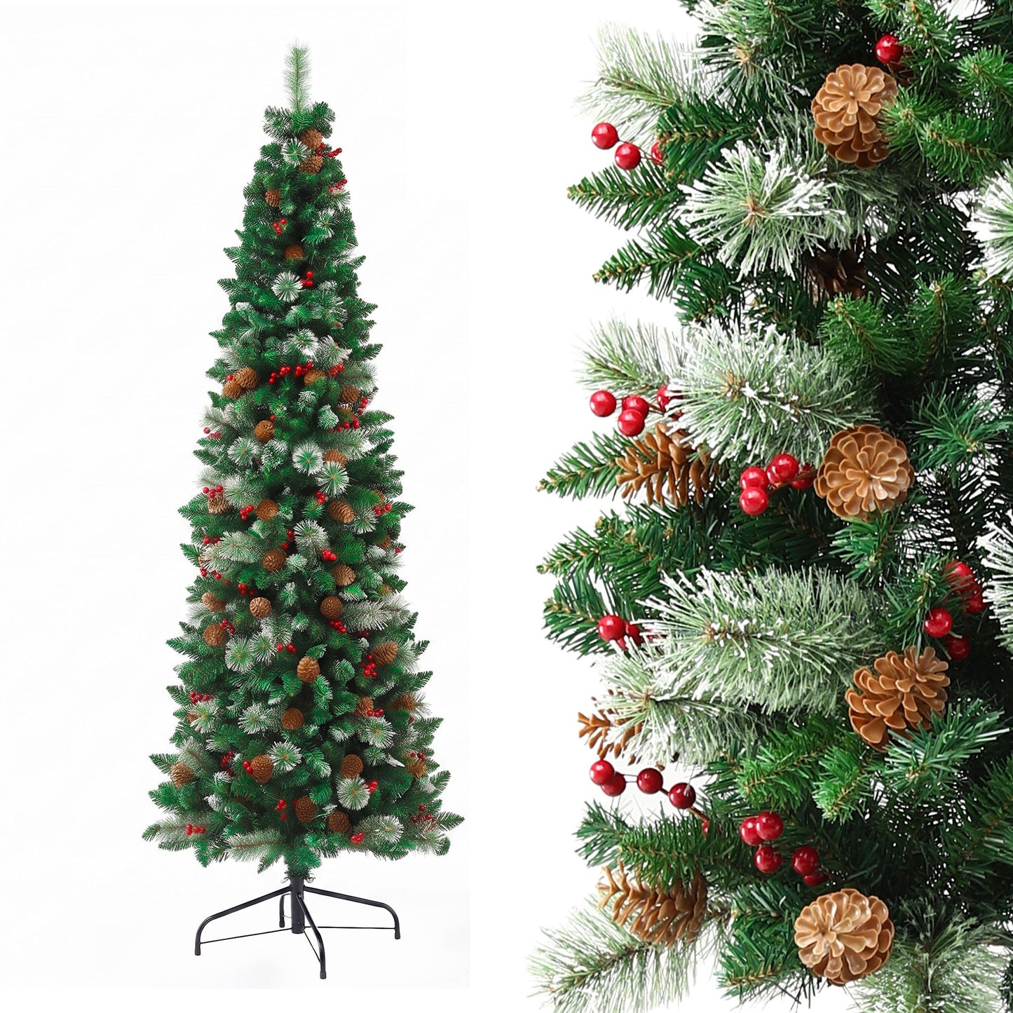 Jingle Jollys 2.1m Artificial Slim Christmas Tree Pine Cone Berry Decor Corner