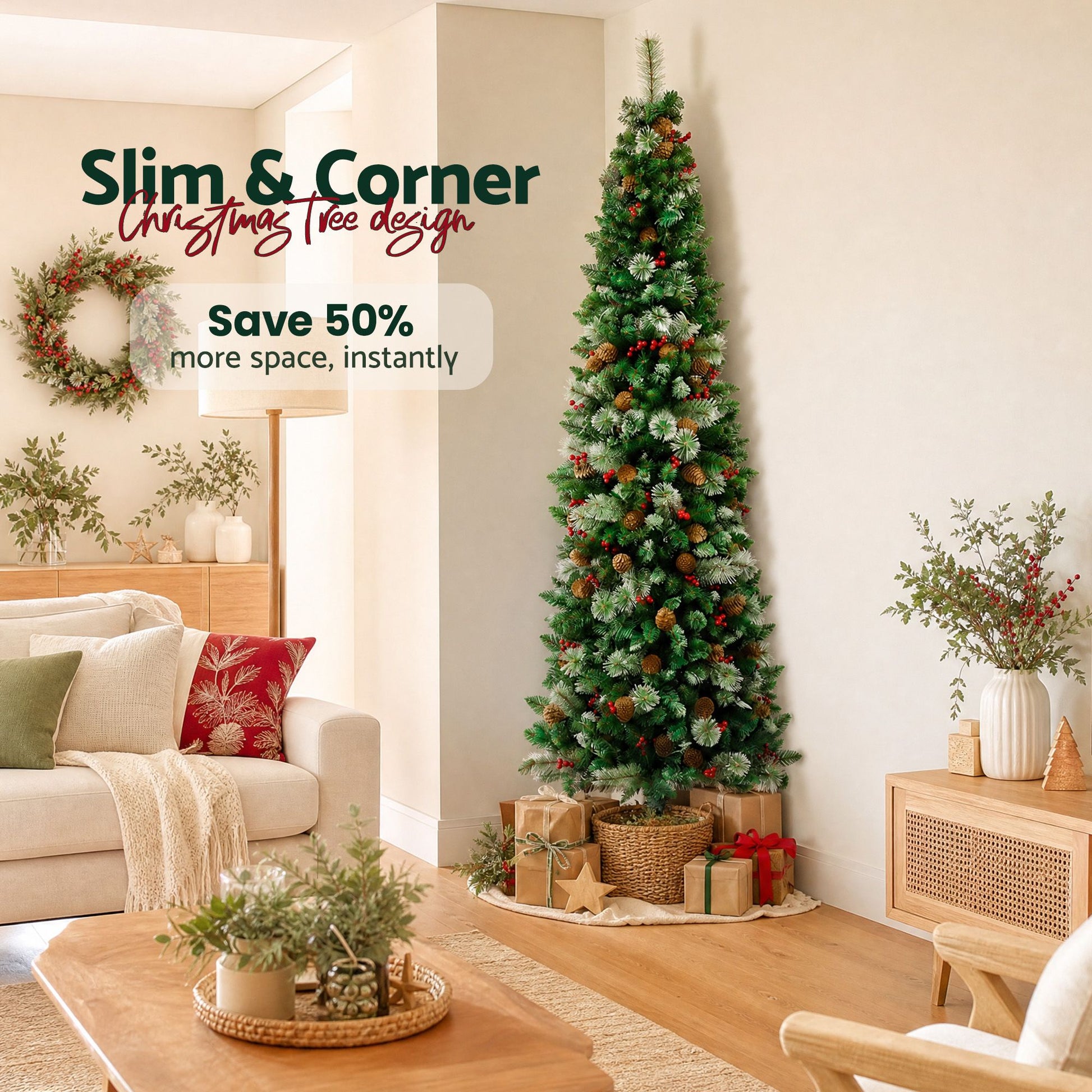 Jingle Jollys 2.1m Artificial Slim Christmas Tree Pine Cone Berry Decor Corner