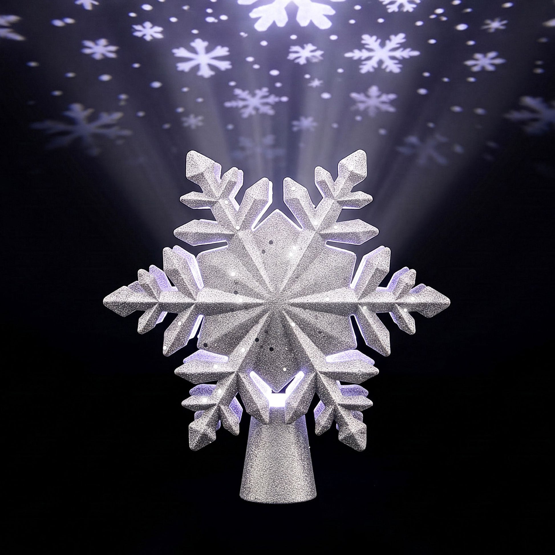 Jingle Jollys Christmas Tree Topper Lighted 360° Rotating Snowflake Projector Silver Glitter