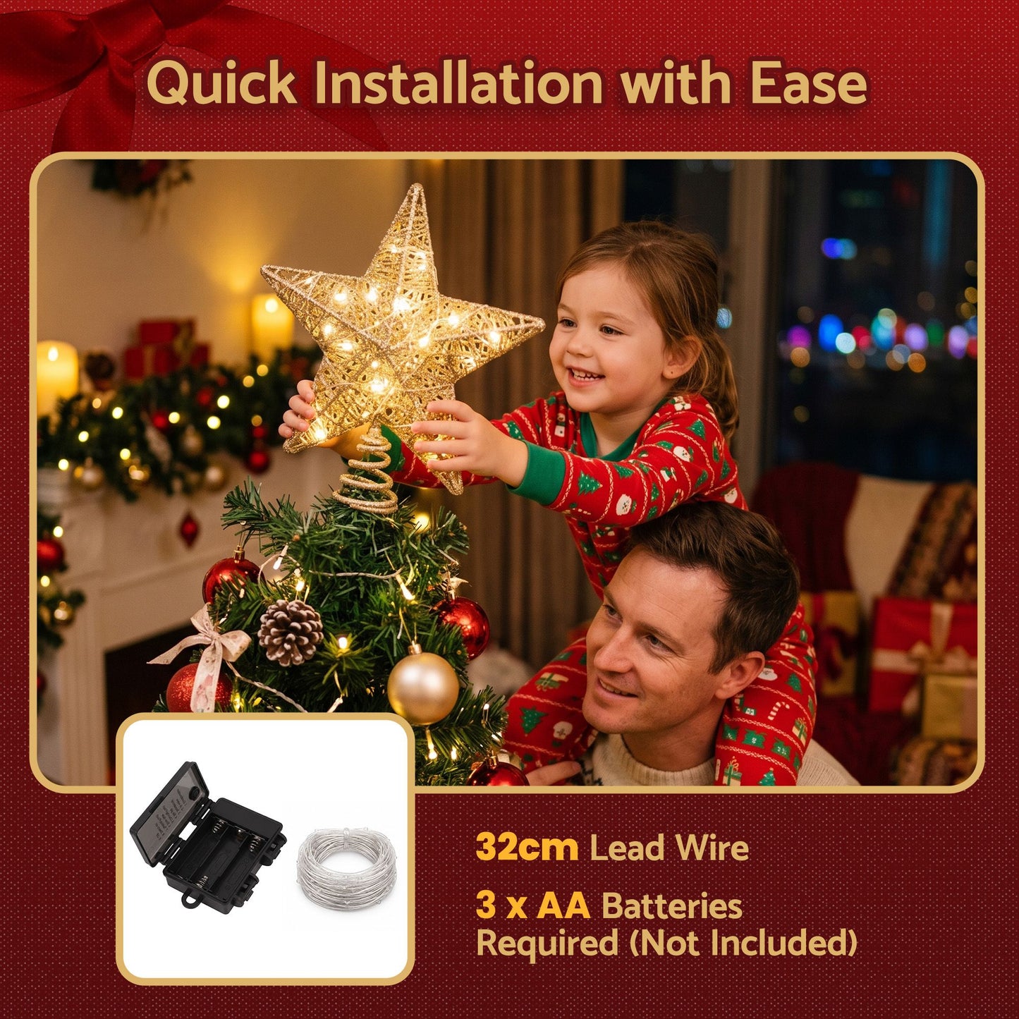 Jingle Jollys 3D Christmas Tree Topper Star 20 Warm LED Lights Gold Glitter