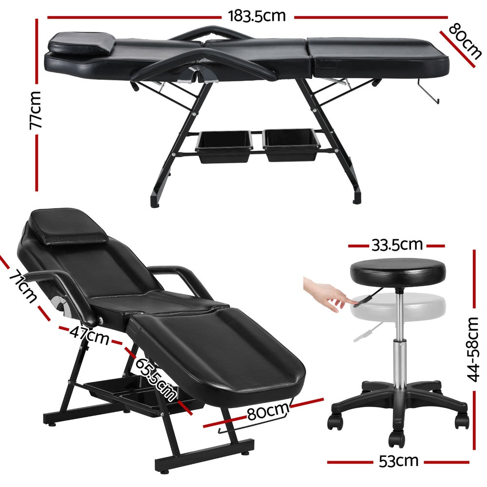Zenses Beauty Bed with Stool, Black, Adjustable Facial Massage Table, Tattoo Chair, Salon Services