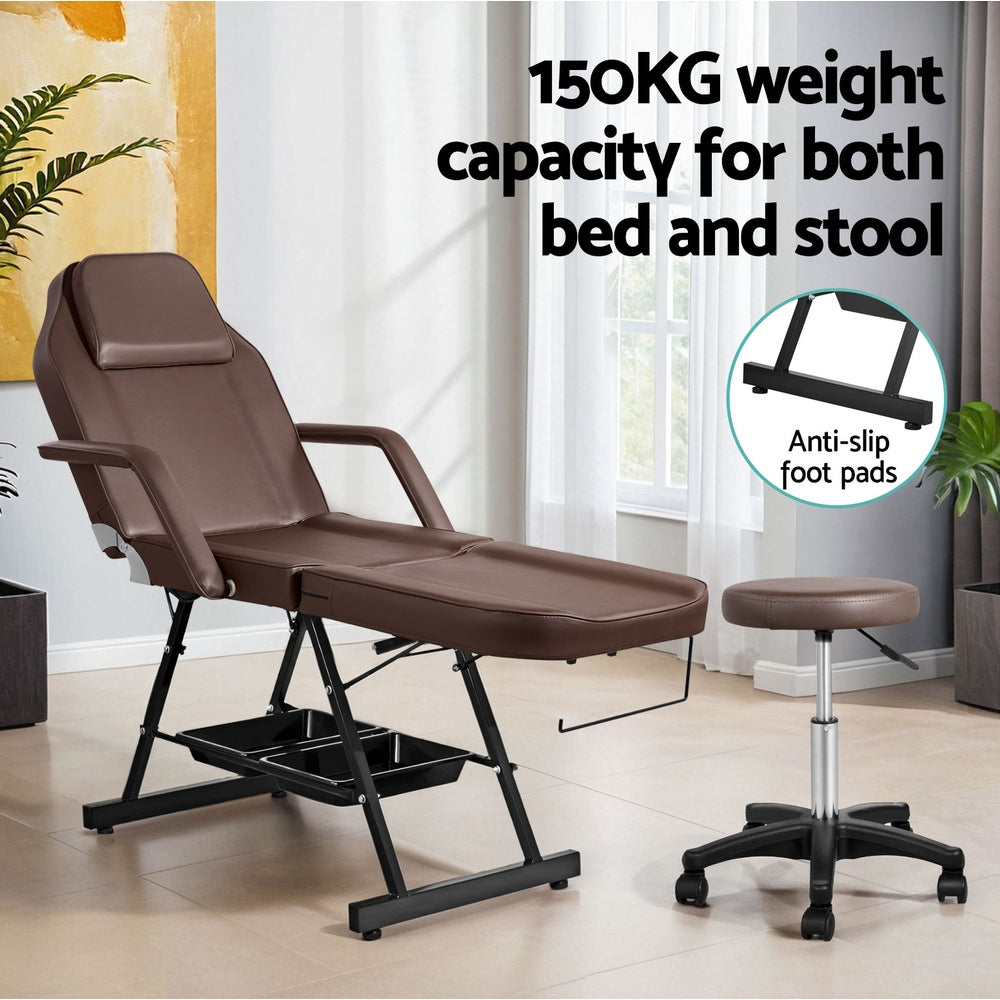 Zenses Beauty Bed with Stool, Brown, Adjustable Facial Massage Table, Tattoo Chair, Salon Services