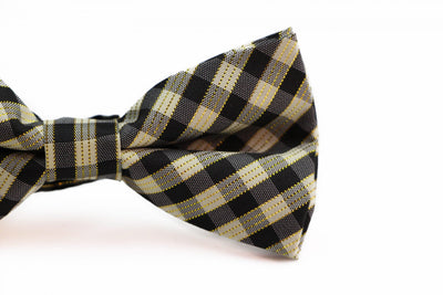 Boys Ivory, Black & Gold Tinsel Checkered  Patterned Cotton Bow Tie