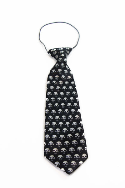 Kids Boys Black & White Patterned Elastic Neck Tie - Skulls