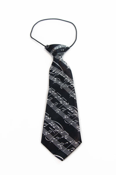 Kids Boys Black & White Patterned Elastic Neck Tie - Music Notes