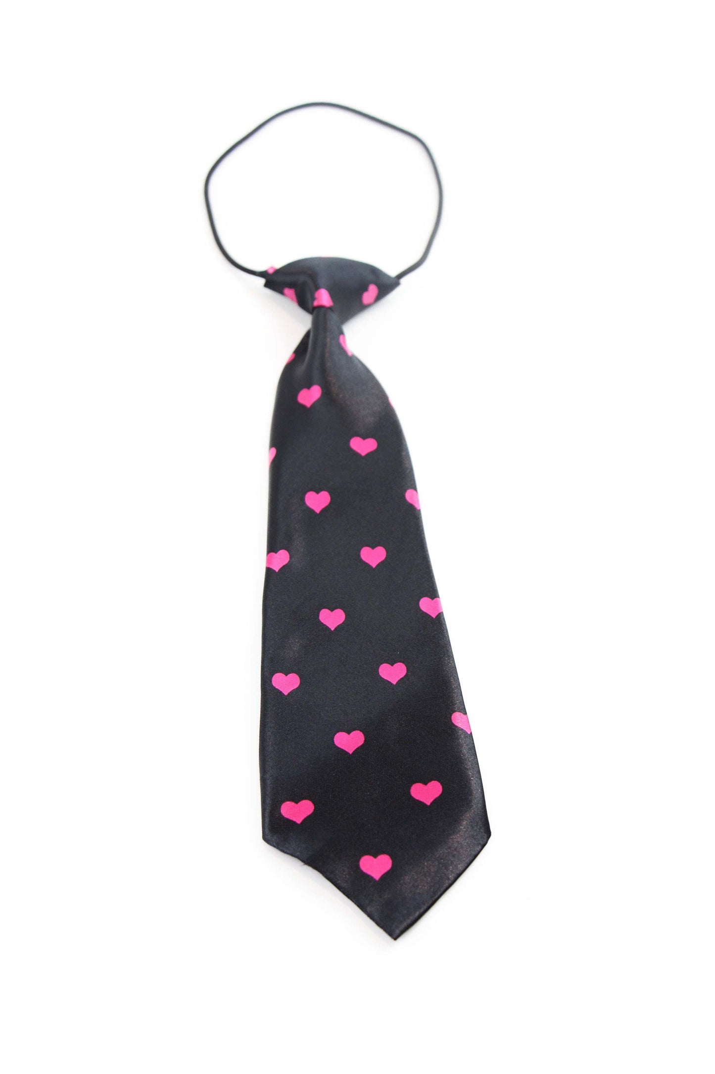 Kids Boys Black & Pink Patterned Elastic Neck Tie - Pink Love Hearts