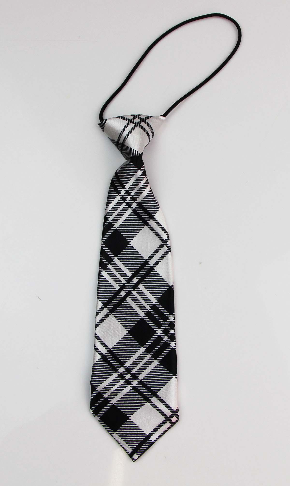 Kids Boys White & Black Patterned Elastic Neck Tie - Criss Cross White