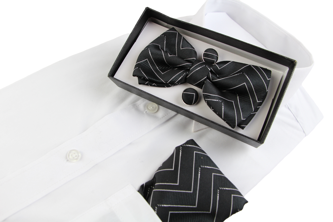 Mens Black Zig Zag Matching Bow Tie, Pocket Square & Cuff Links Set