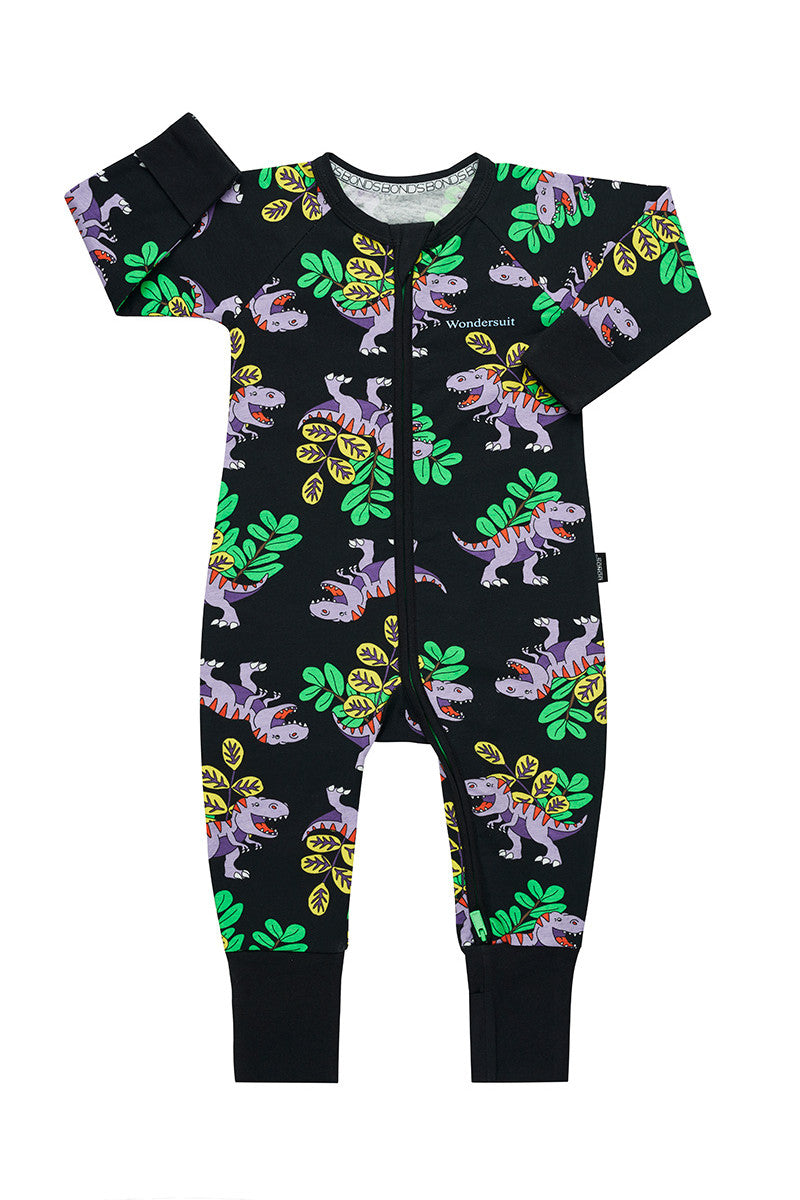 3 x Bonds Baby 2-Way Zip Wondersuit Coverall Black Tropic T-Rex