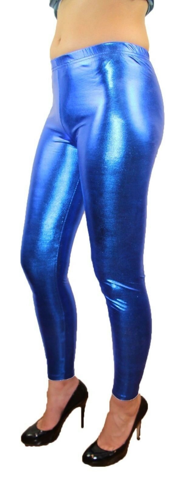 Shiny Metallic Leggings Womens Pants Ladies Blue