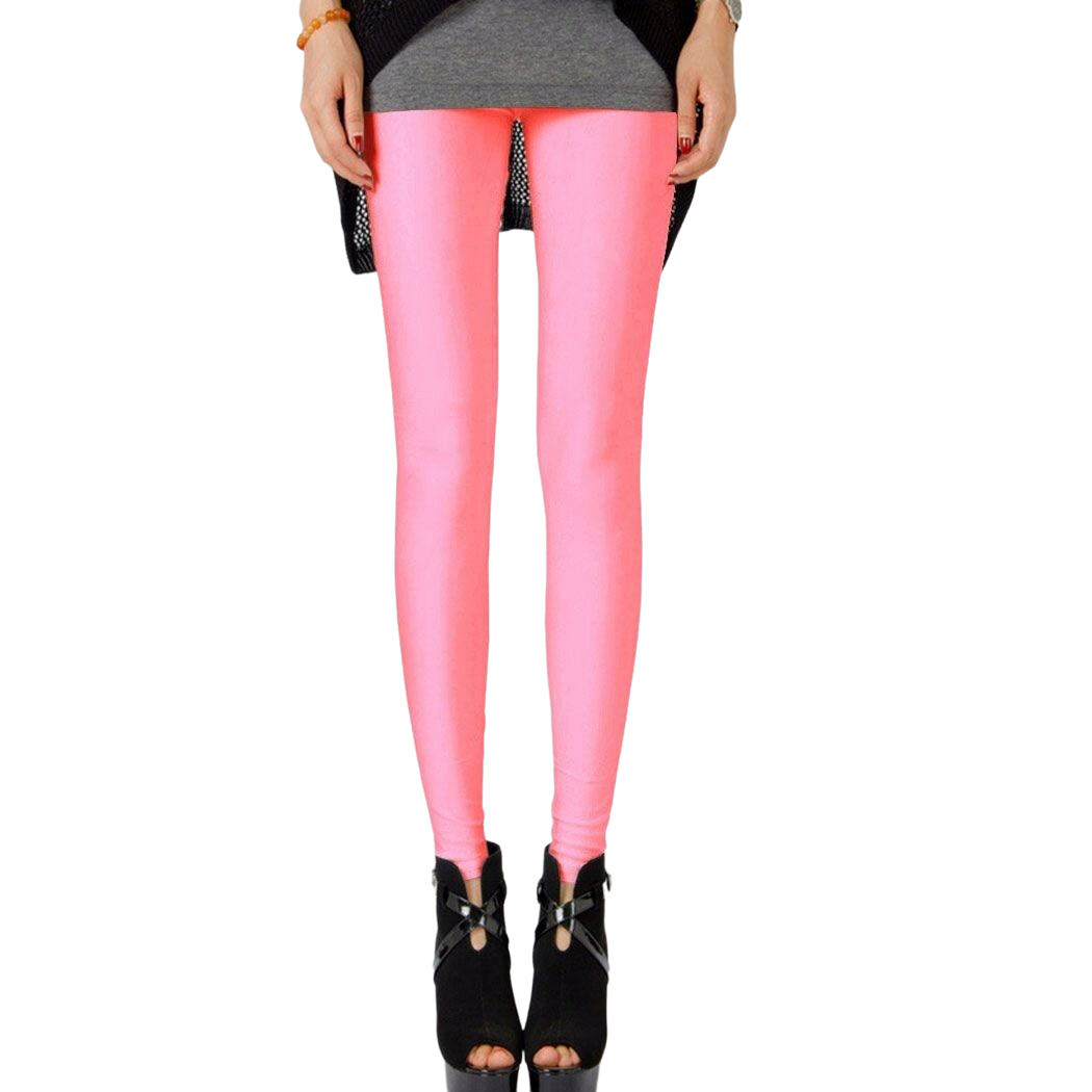 Womens Shiny Neon Leggings Fluro Stretch Metallic Pants Black Pink Dance Yoga