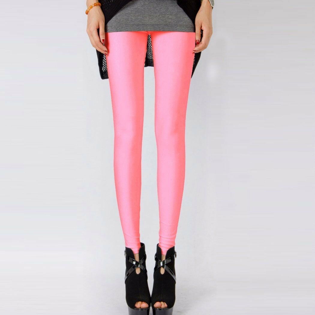 Womens Shiny Neon Leggings Fluro Stretch Metallic Pants Black Pink Dance Yoga