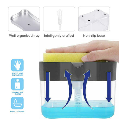 Soap Pump & Sponge Caddy - Kitchen Sponge Holder Tray Push Down Soapy Clean