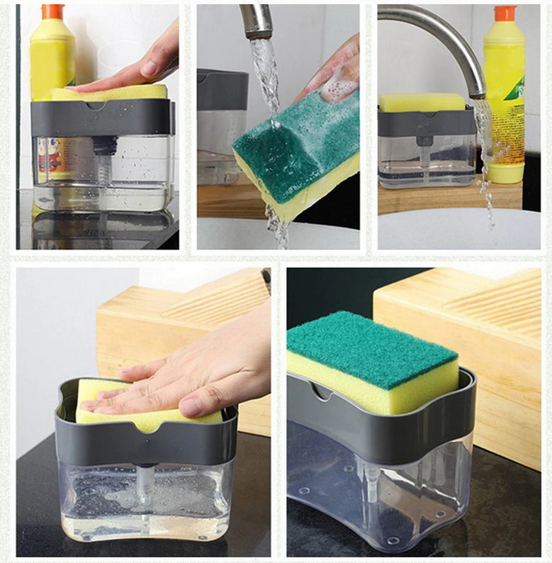 Soap Pump & Sponge Caddy - Kitchen Sponge Holder Tray Push Down Soapy Clean