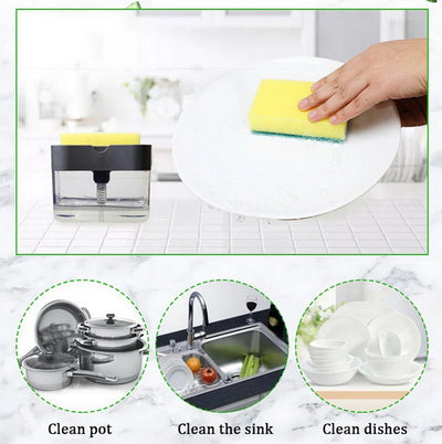 Soap Pump & Sponge Caddy - Kitchen Sponge Holder Tray Push Down Soapy Clean