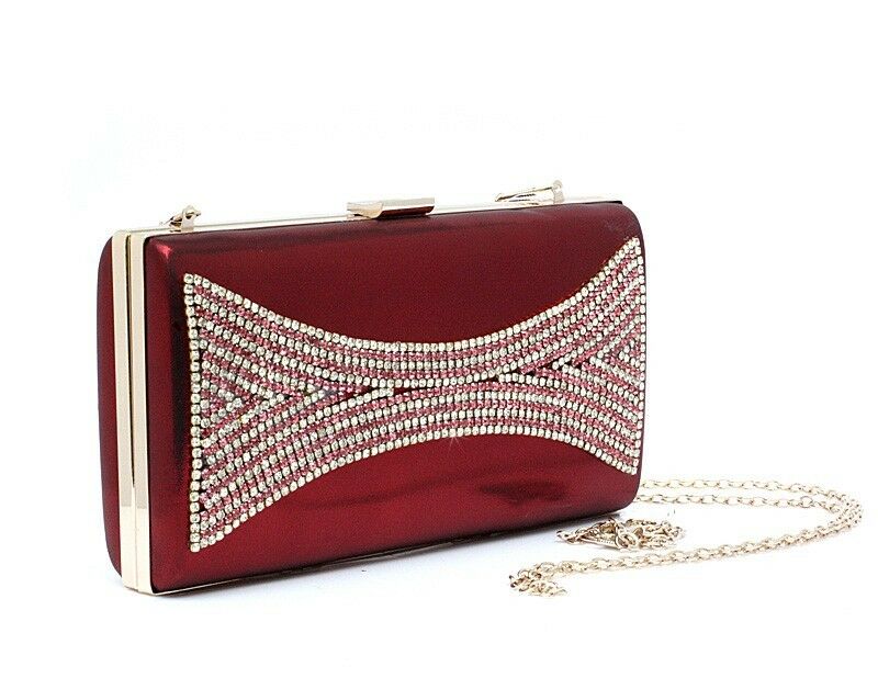 Womens Clutch Hand Bag Diamante Wedding Formal Party Bridal Red