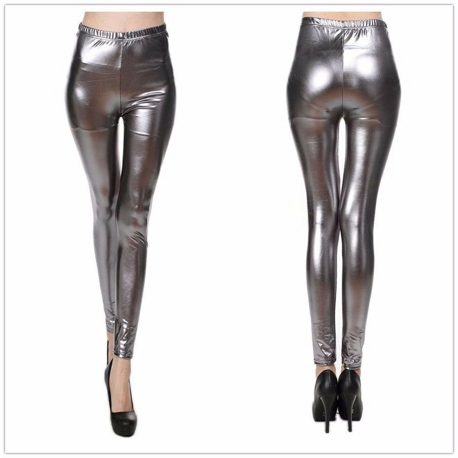 Metallic Leggings Shiny Neon Stretch Sexy Party Costume Fancy Dress Silver Gold