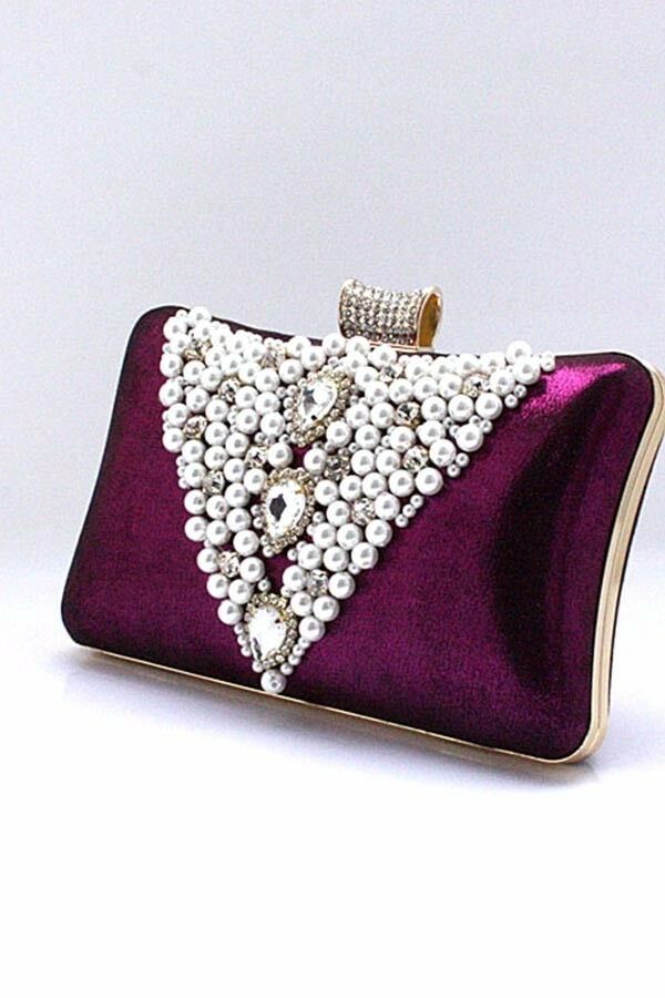 Womens Bridal Purple Clutch Hand Bag Pearl Diamante Wedding