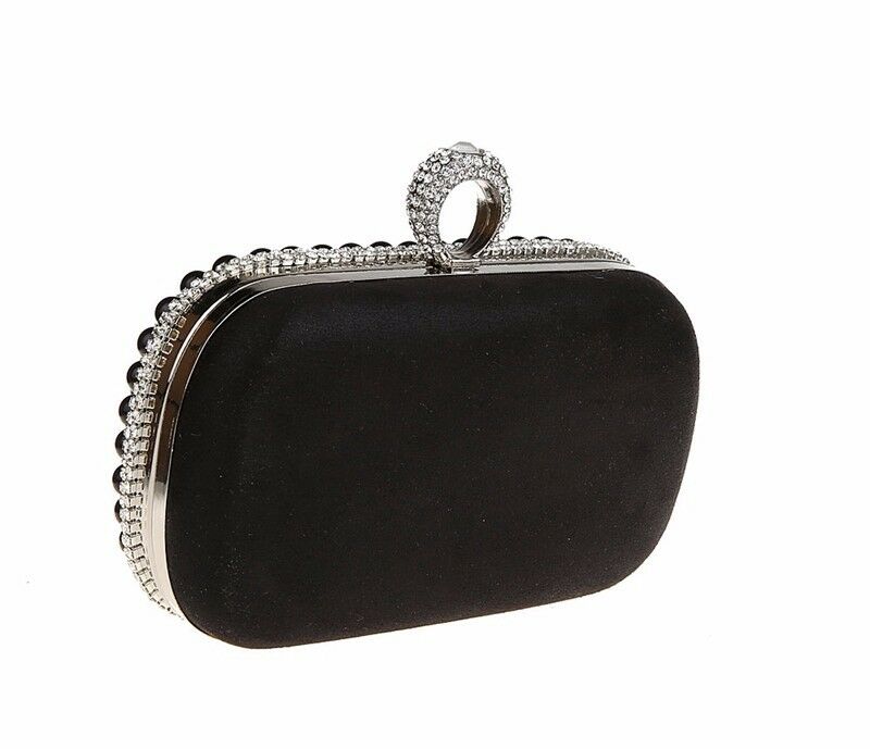 Womens Diamante Pearl Rhinestone Clutch Bag Wedding Black