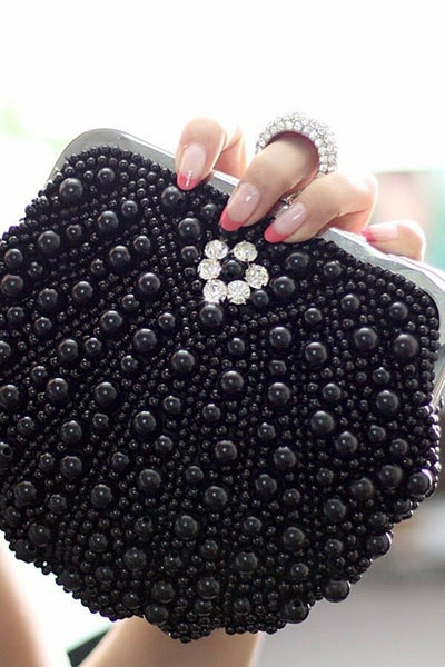 Womens Hand Beaded Pearl Clutch Bag Wedding Bride Bridal Black