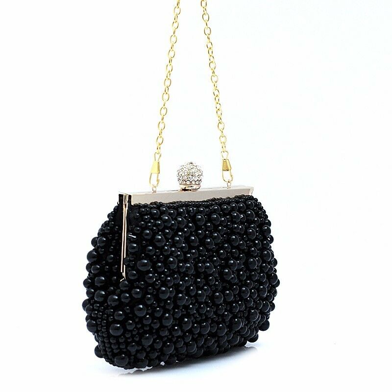 Womens Pearl Clutch Bag Pearls Wedding Gold Bridal Hand Bag Black