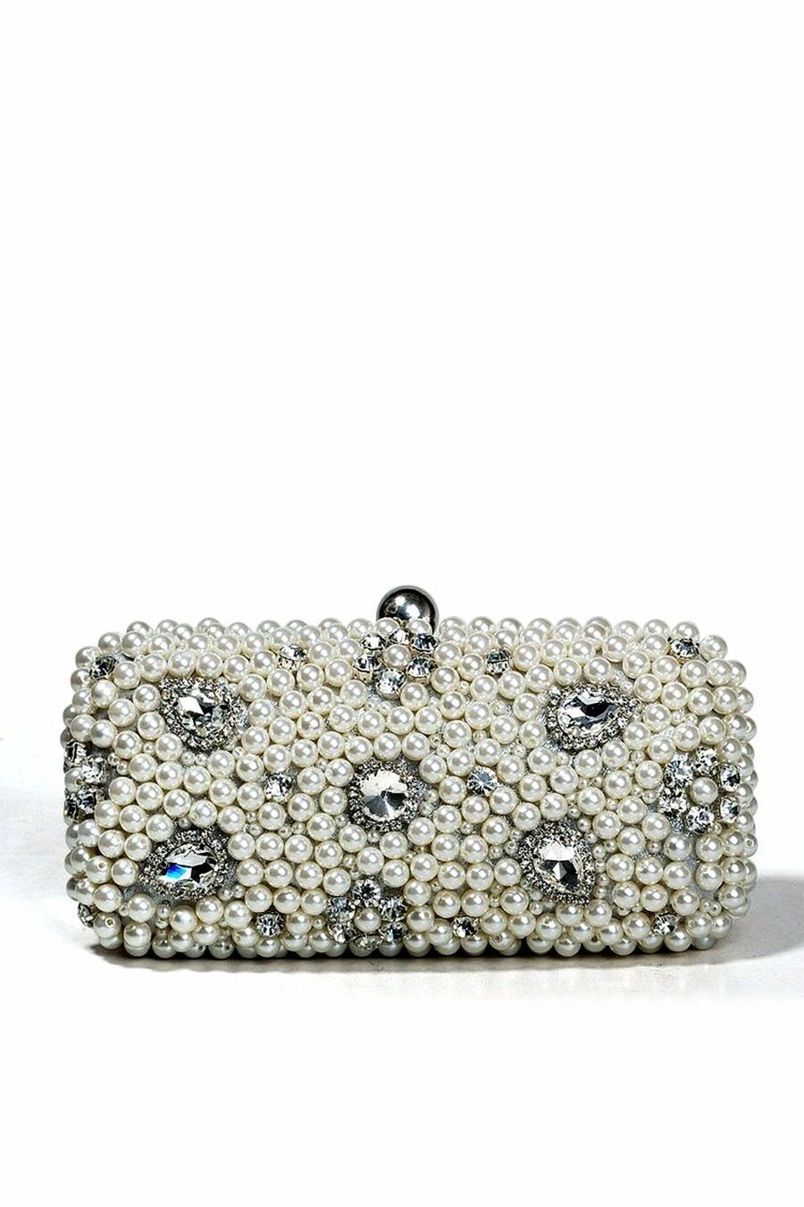 Womens Silver Clutch Hand Bag Pearls Diamante Wedding Bridal