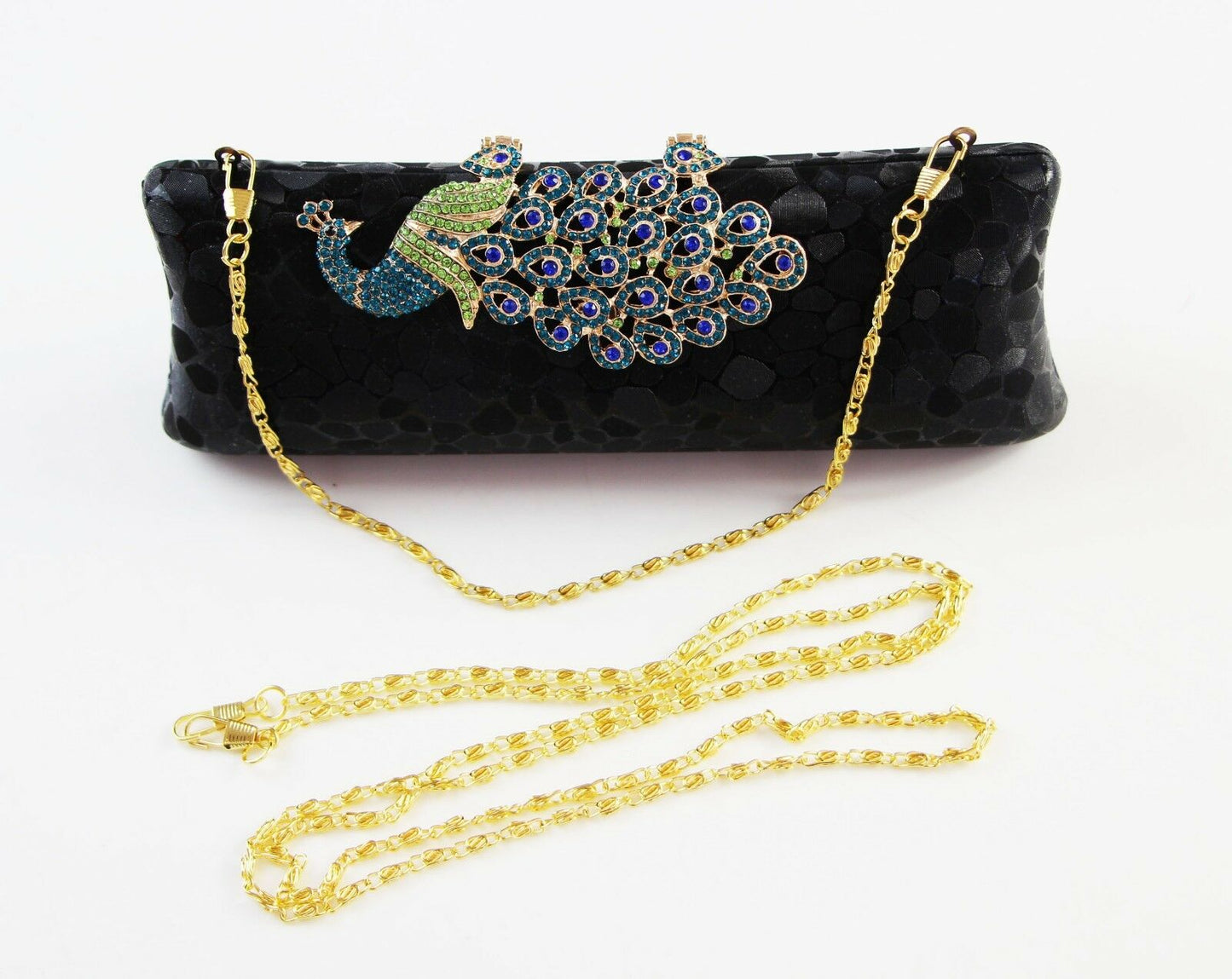 Womens Hard Case Clutch Bag Wedding Party Work Peacock Black