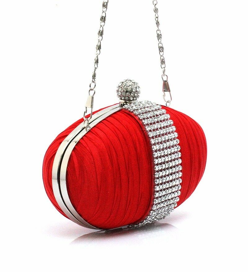 Womens Cute Oval Shape Satin Diamante Clutch Hand Bag Wedding Bridal Red