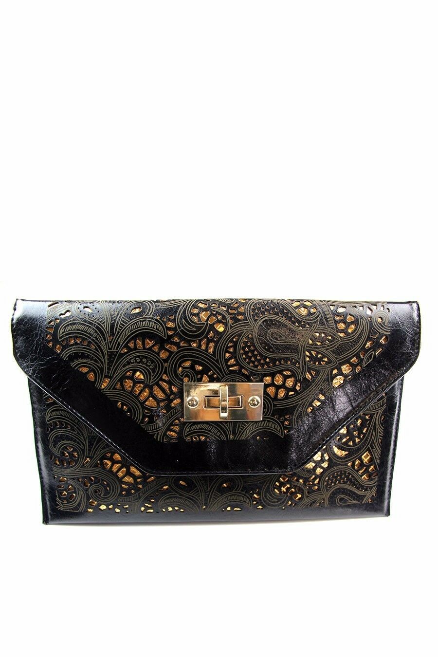 Womens Cut Out Rectangle Envelope Clutch Black/Gold Wedding Party Bag