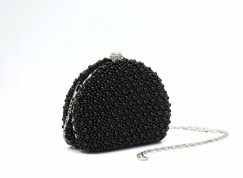 Womens Semi Circle Pearl Clutch Bag Pearls Bride Bridal Hand Black