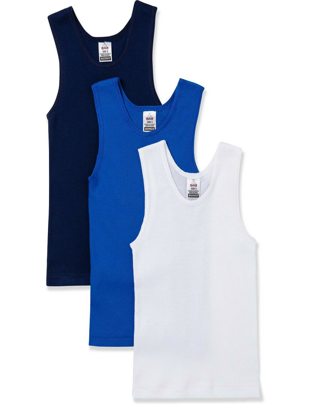 Bonds Boys Kids 3 Pack Chesty Cotton Blue Black White Singlets 4 6 8 10 12 14