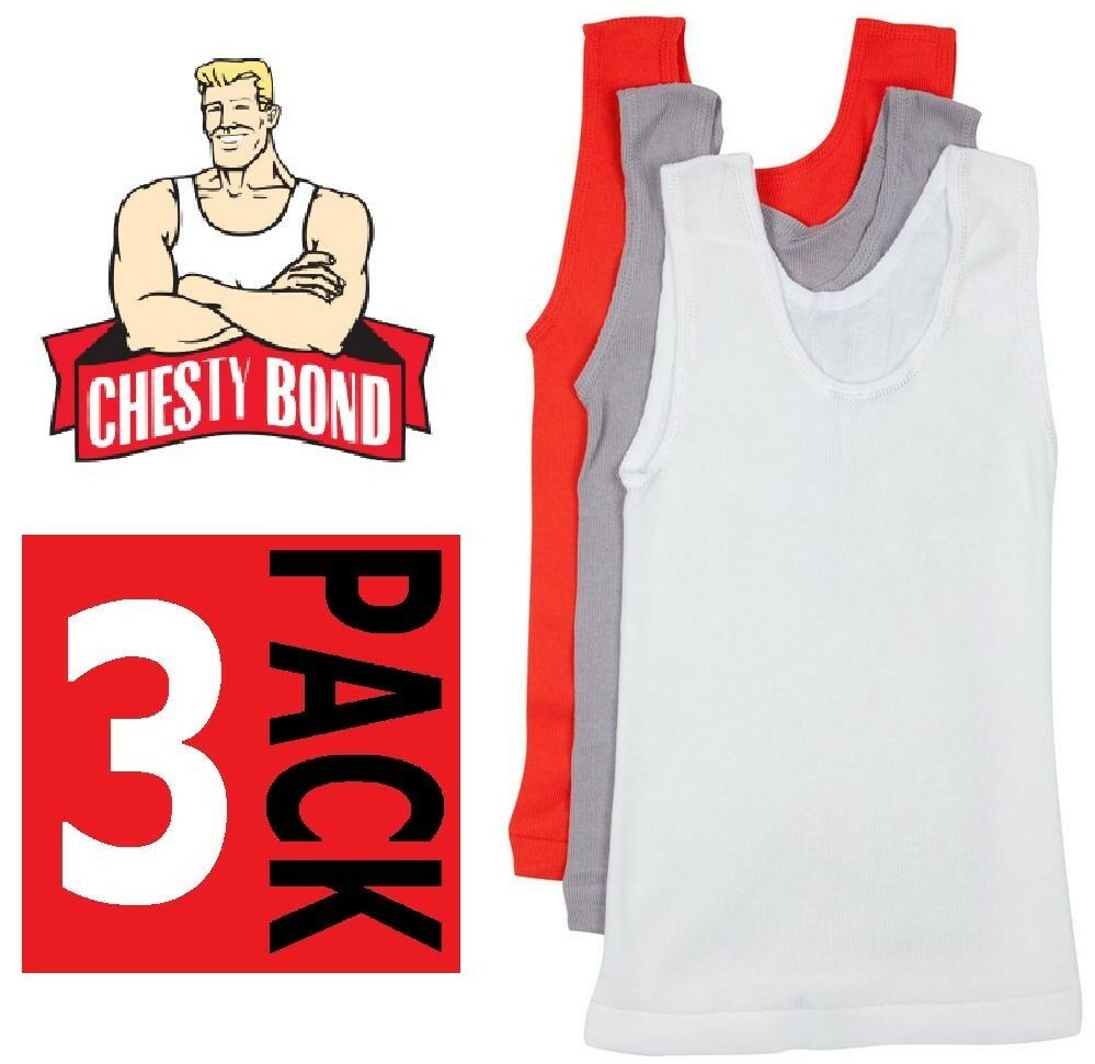 Bonds Boys Kids 3 Pack Chesty Cotton Blue Black White Singlets 4 6 8 10 12 14