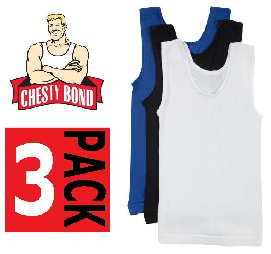 Bonds Boys Kids 3 Pack Chesty Cotton Blue Black White Singlets 4 6 8 10 12 14