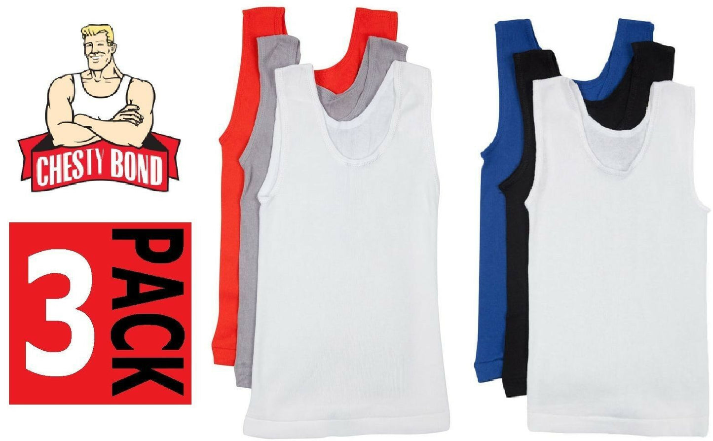 Bonds Boys Kids 3 Pack Chesty Cotton Blue Black White Singlets 4 6 8 10 12 14