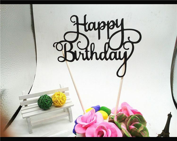 Happy Birthday Cake Topper Black Gold Silver Glitter Party Decorations Event