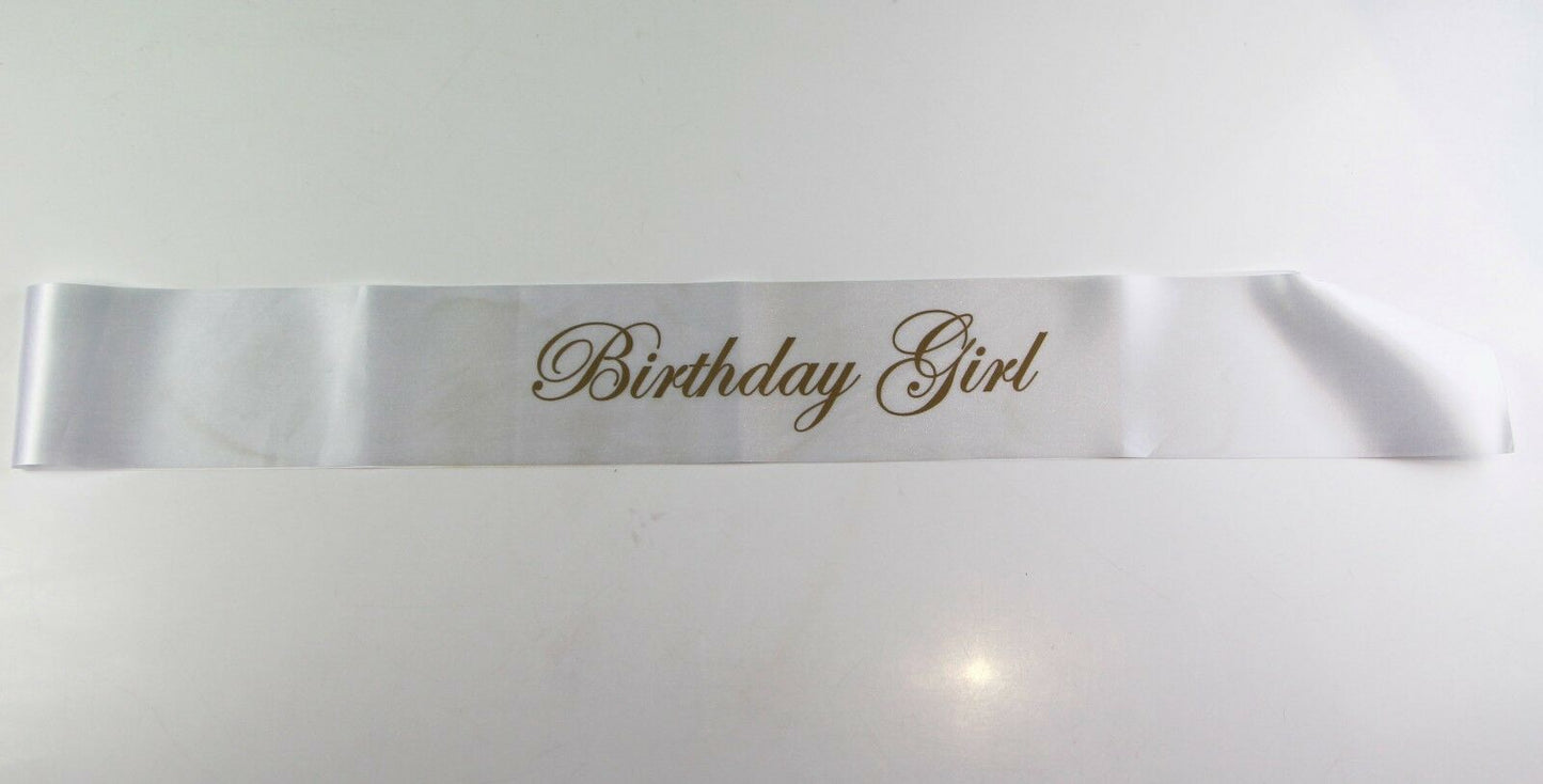 Birthday Girl Sash - Party -  White/Gold Edwardian Font