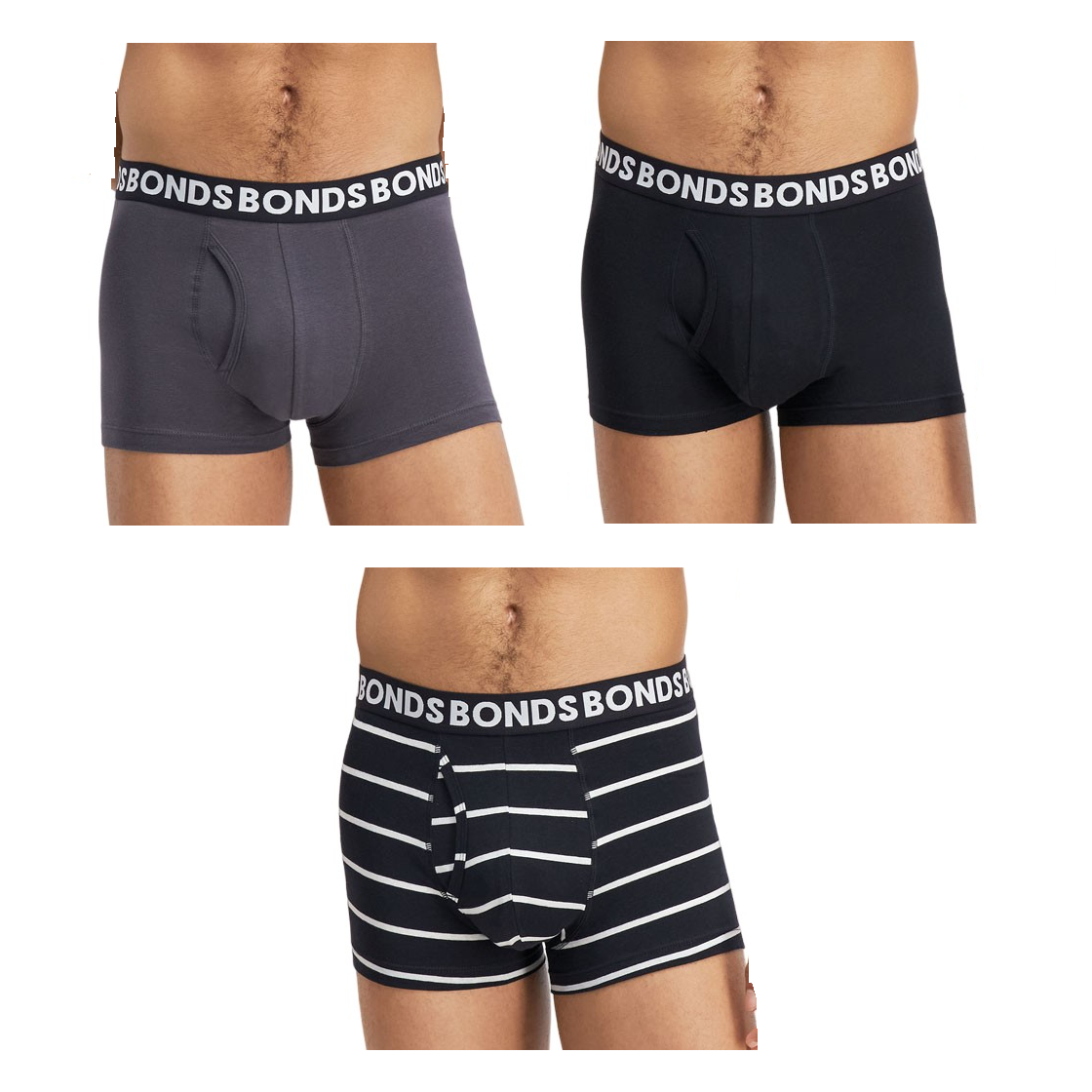 3 x Mens Bonds Everyday Trunks Underwear Black Stripe / Charcoal / Black