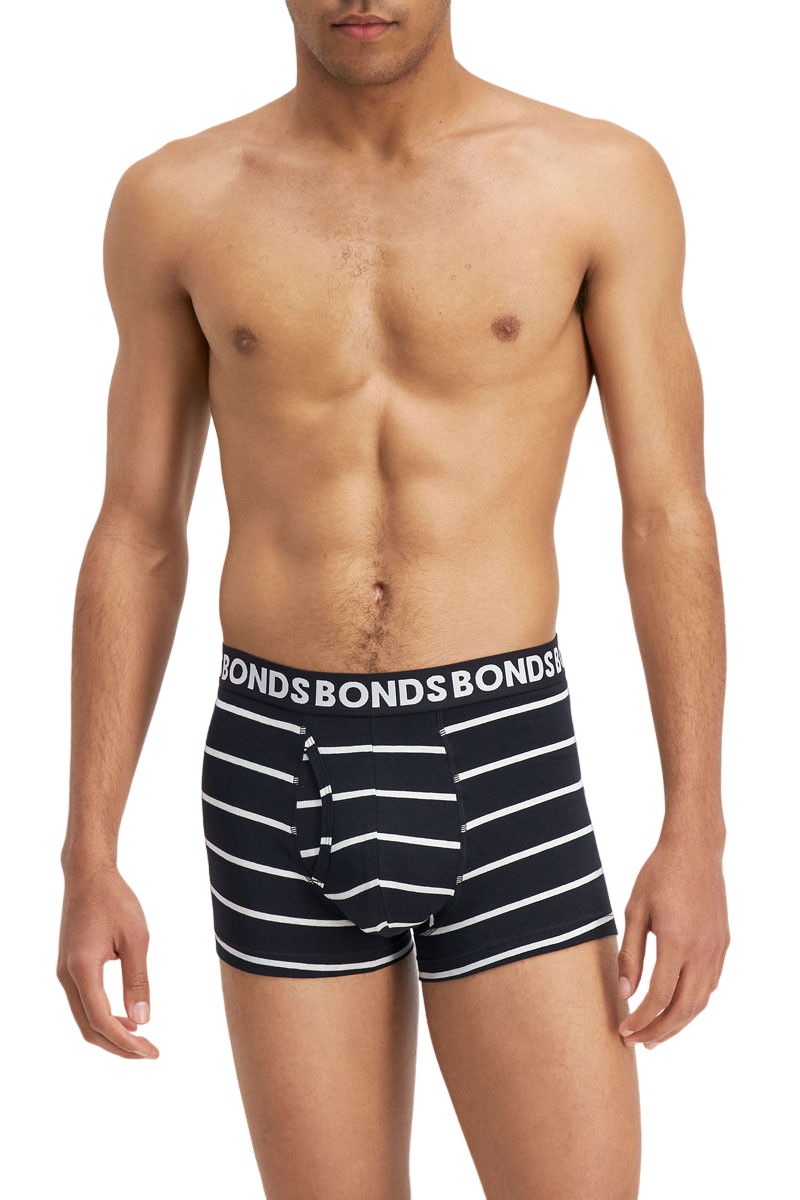 3 x Mens Bonds Everyday Trunks Underwear Black Stripe / Charcoal / Black