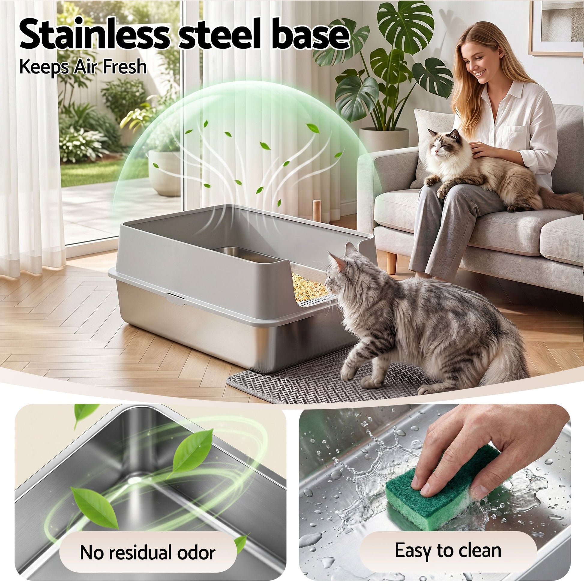 i.Pet XXL Cat Litter Box Stainless Steel Jumbo Semi-Enclosed Pet Kitty Toilet Grey