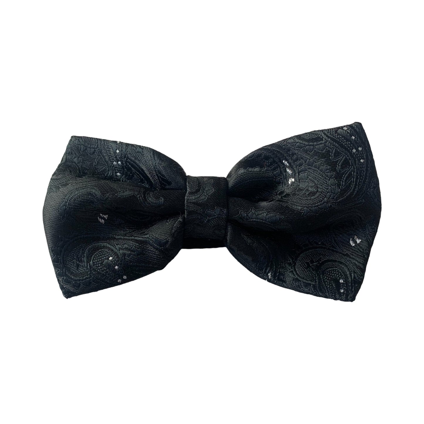 Mens Black Paisley Tinsel Matching Bow Tie, Pocket Square & Cuff Links Set