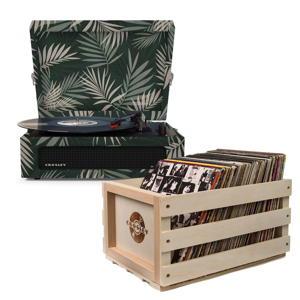 Crosley Voyager Bluetooth Portable Turntable - Botanical + Bundled Record Storage Crate