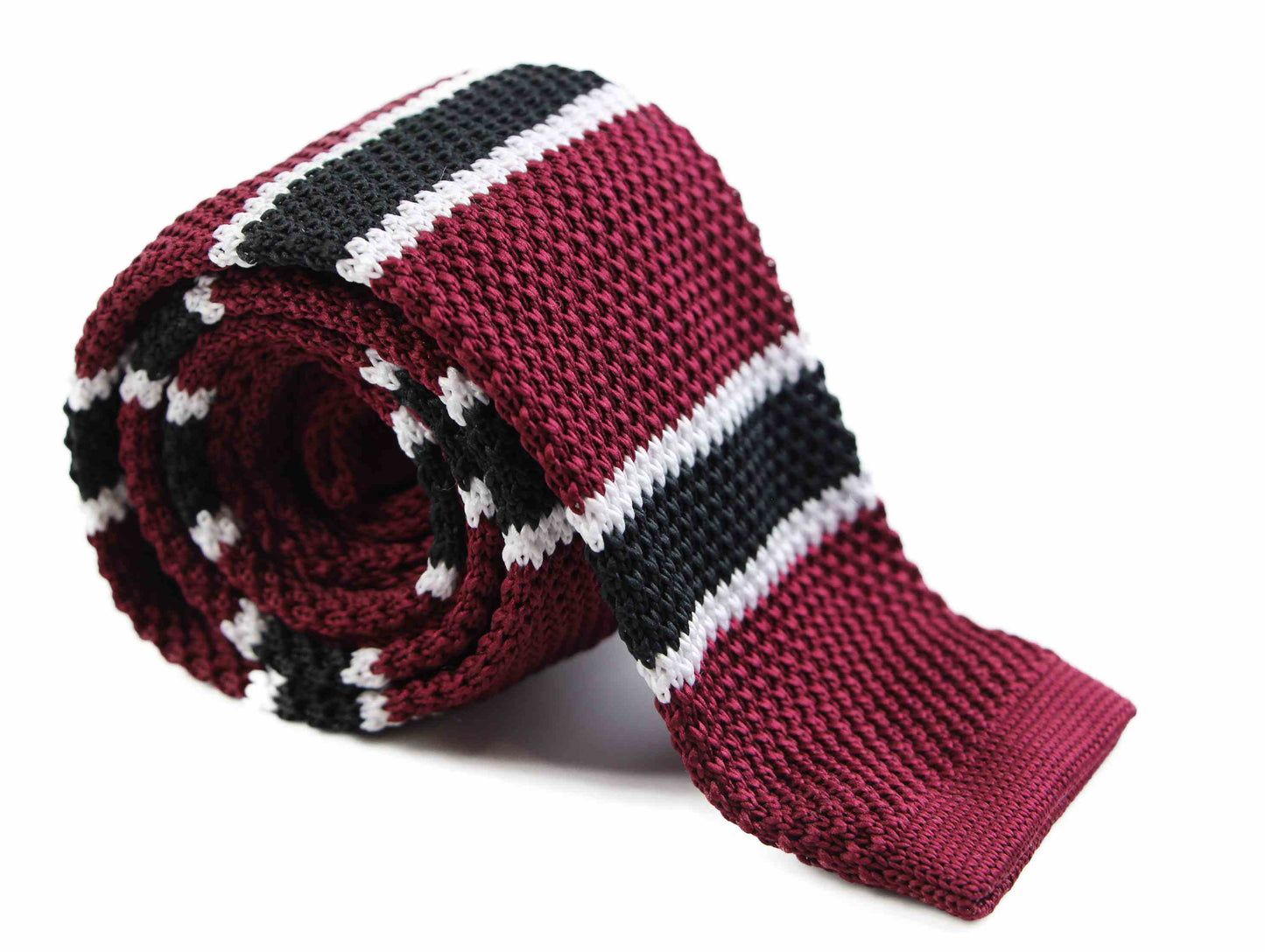 Knitted Maroon, Black & White Striped Patterned Neck Tie