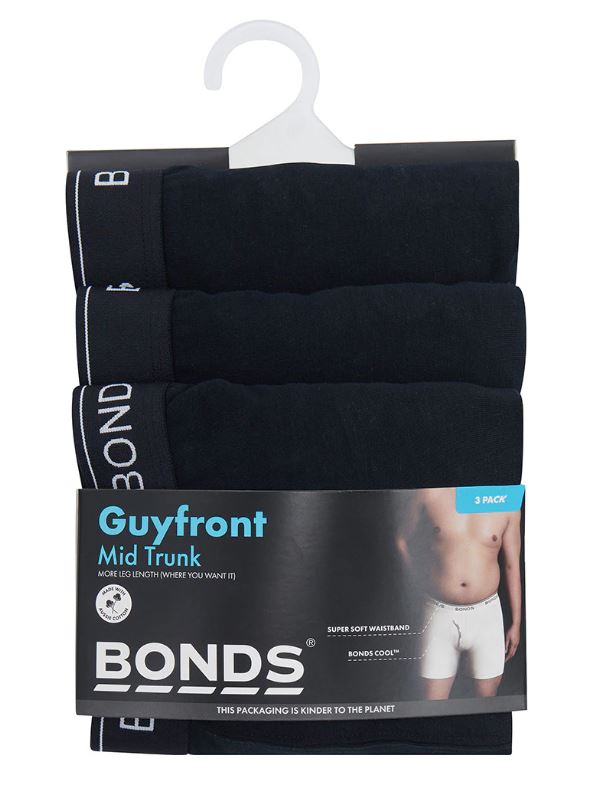 3 Pack X Bonds Mens Guyfront Mid Trunks Underwear - Black